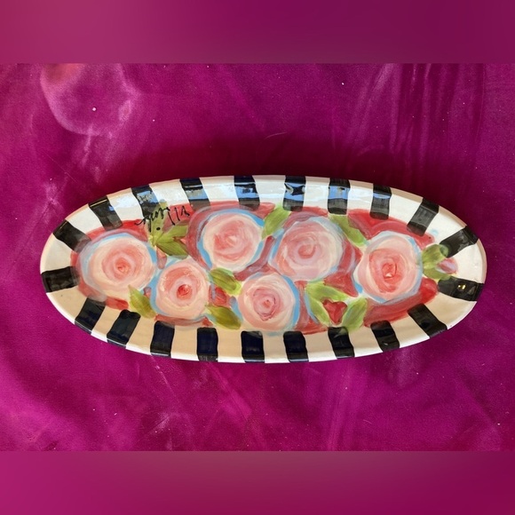 Handmade Ceramic Oval Serving TrayRoses on Scarlet Design 12.5”x5.5” Original - Picture 1 of 11